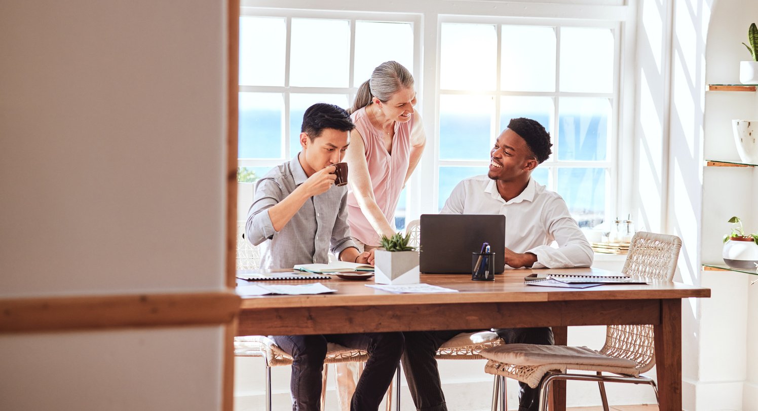 Diversity, Meeting and Business People Planning a Strategy for a Sales, Advertising and Marketing Agency. Collaboration, Teamwork and Creative Employees Working on Digital Logo Branding Project Ideas